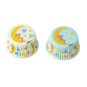 witte en blauwe cupcake papiertjes met een beer op een halve maan ontwerp van het merk Decora