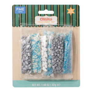 Afbeelding van PME Kerst Sprinkles Frosty – blauwe, witte en zilveren eetbare sprinkles in blisterverpakking
