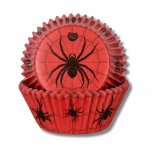 : Afbeelding van House of Marie rode cupcake papiertjes Spider met spinnenweb en spin – 48 baking cups